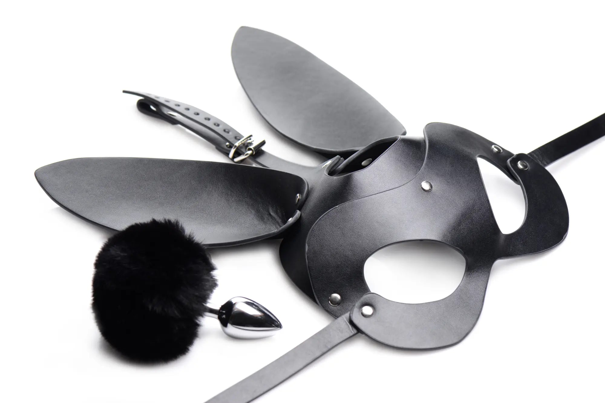 Black leather bunny mask with silver hardware and attached straps from tailz bunny tail anal plug and mask set
