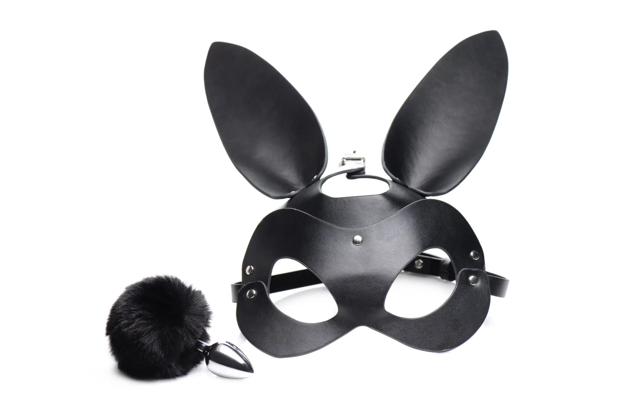 Black leather bunny mask with ear flaps and matching black furry tail in tailz bunny tail anal plug and mask set