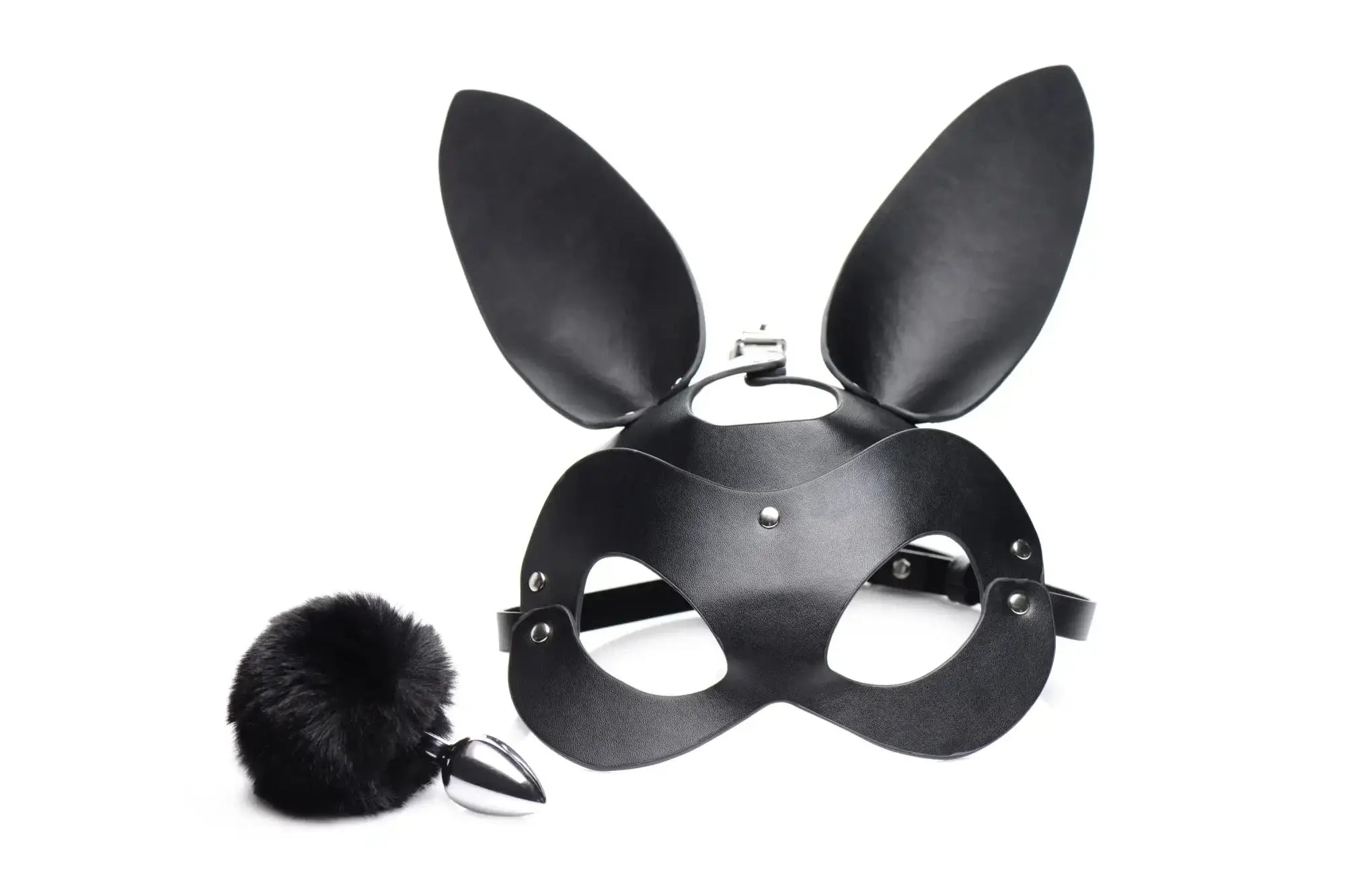 Black leather bunny mask with ear flaps and matching black furry tail in tailz bunny tail anal plug and mask set
