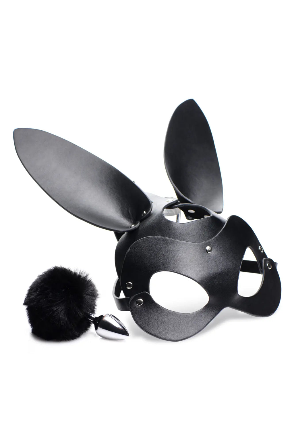 Black leather bunny mask with metallic hardware and ear-like flaps from tailz bunny tail anal plug and mask set