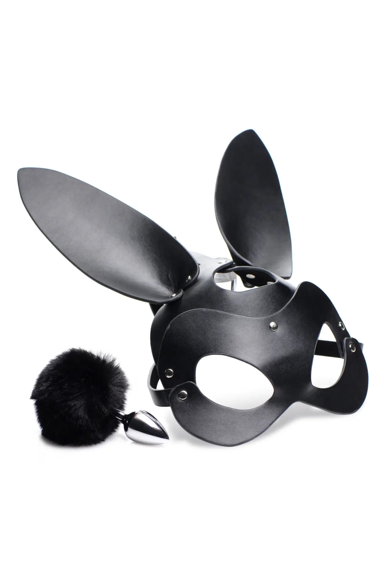 Black leather bunny mask with metallic hardware and ear-like flaps from tailz bunny tail anal plug and mask set
