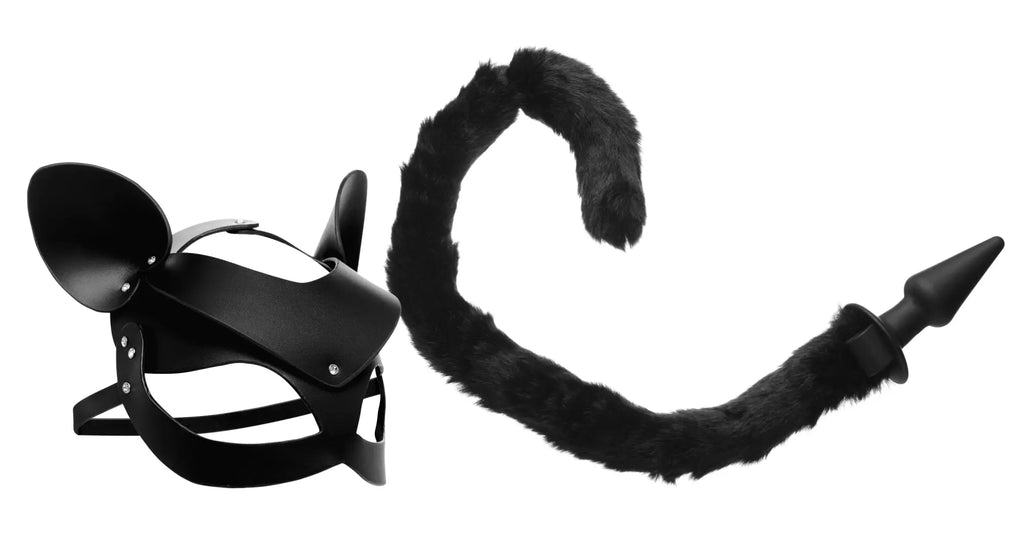 Black leather cat mask with furry tail accessory in tailz cat tail anal plug and mask set for role play