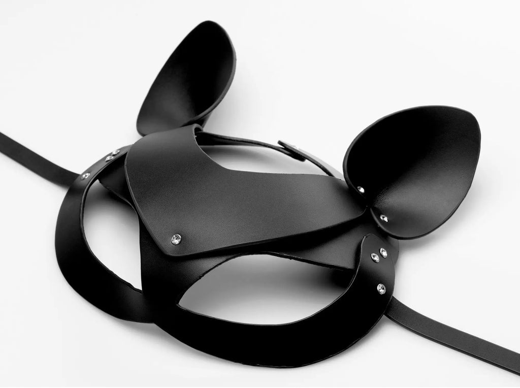 Black leather mouse mask with silver rivets and adjustable straps from tailz cat tail anal plug and mask set