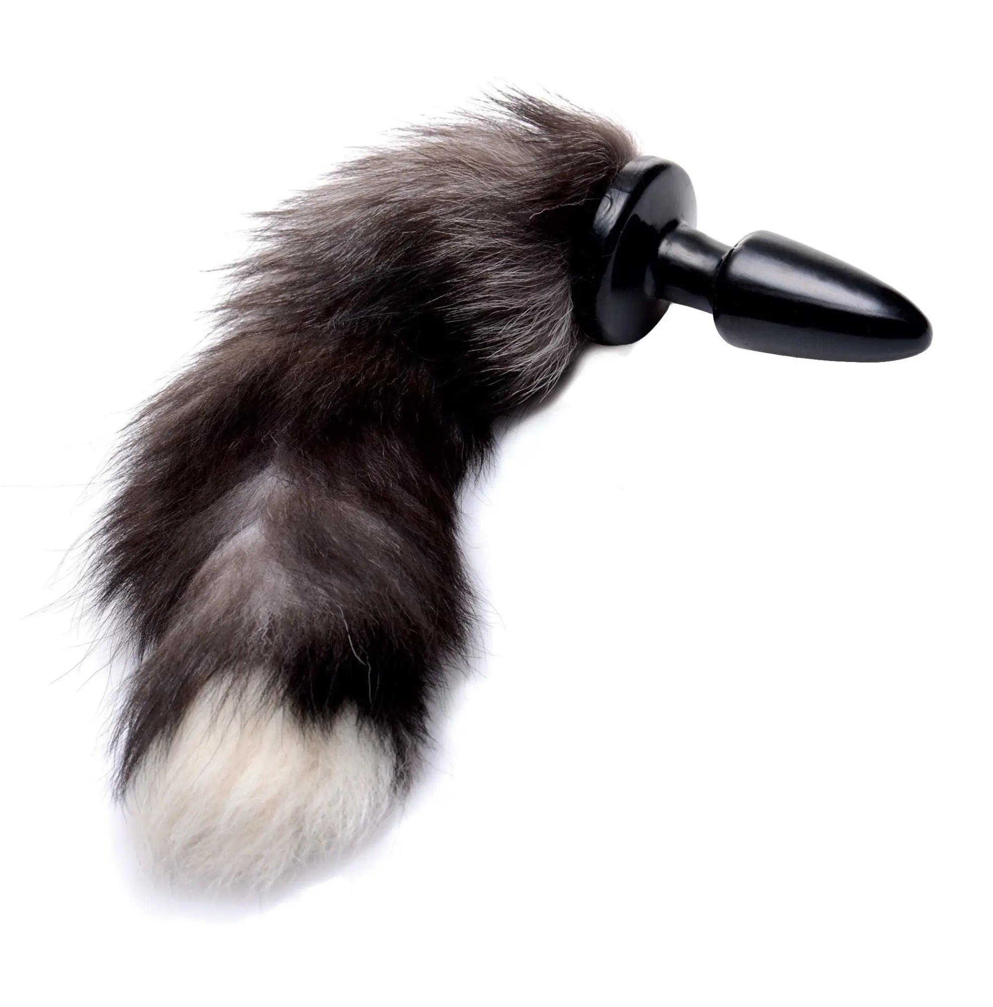 Black plastic anal plug with fluffy dark gray and white fox tail attached from tailz fox tail anal plug grey collection