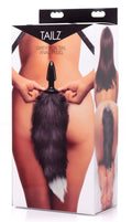 Black and white grey fox tail anal plug with furry tapered design for comfortable and stylish use by Tailz