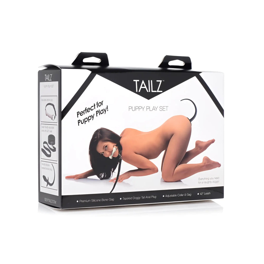 Tailz puppy play set black packaging with silicone bone gag tapered anal plug adjustable collar and 4ft leash