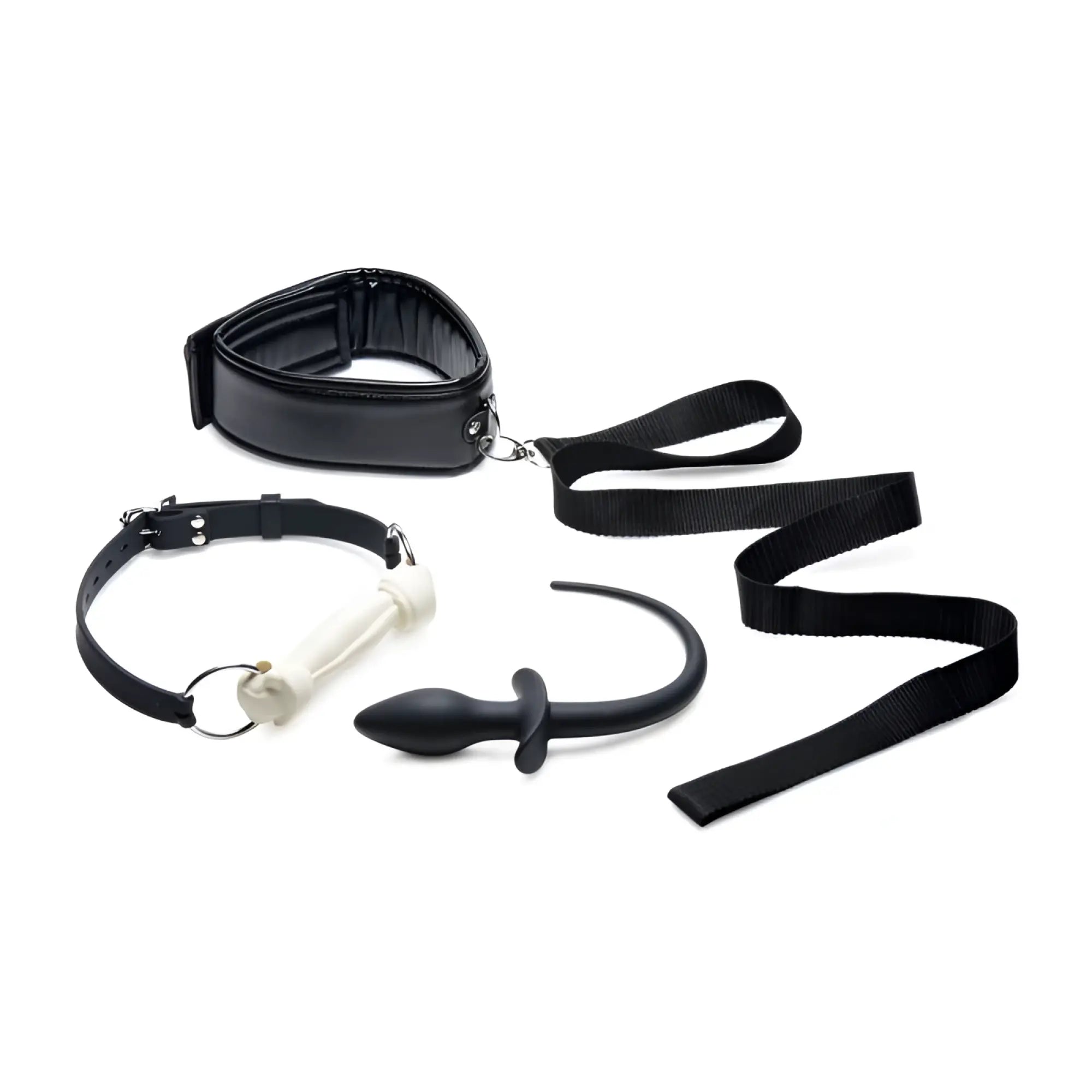 Black leather collar with attached leash and white plastic gag plus black silicone anal plug from tailz puppy play set