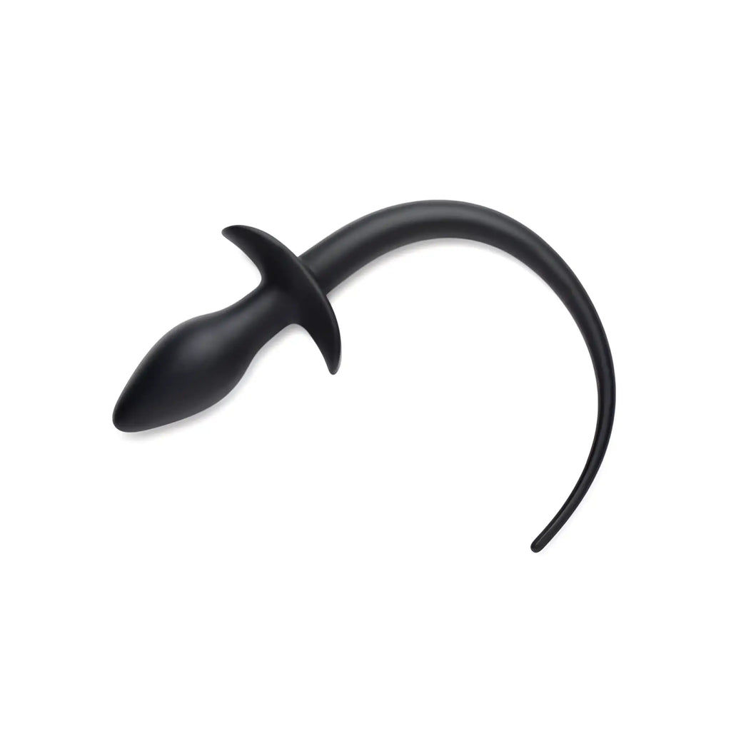 Black silicone anal plug with curved tapered design and flared base from tailz puppy play set incl gag plug and collar