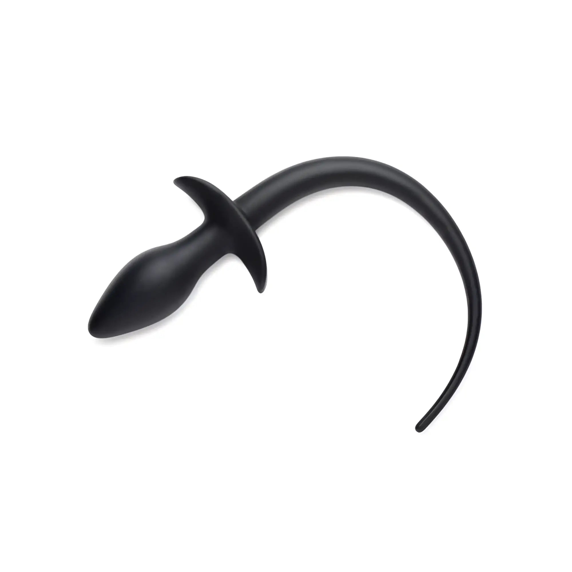 Black silicone anal plug with curved tapered design and flared base from tailz puppy play set incl gag plug and collar