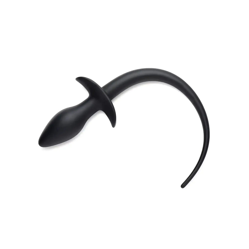 Black silicone anal plug with curved tapered design and flared base from tailz puppy play set incl gag plug and collar