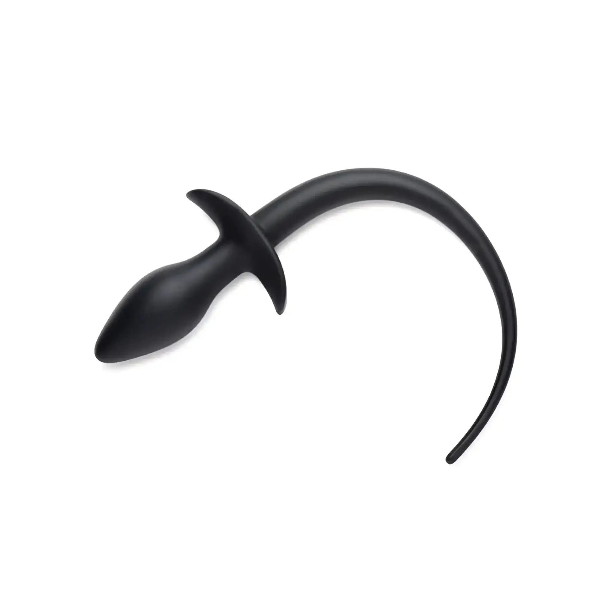 Black silicone anal plug with curved tapered design and flared base from tailz puppy play set incl gag plug and collar