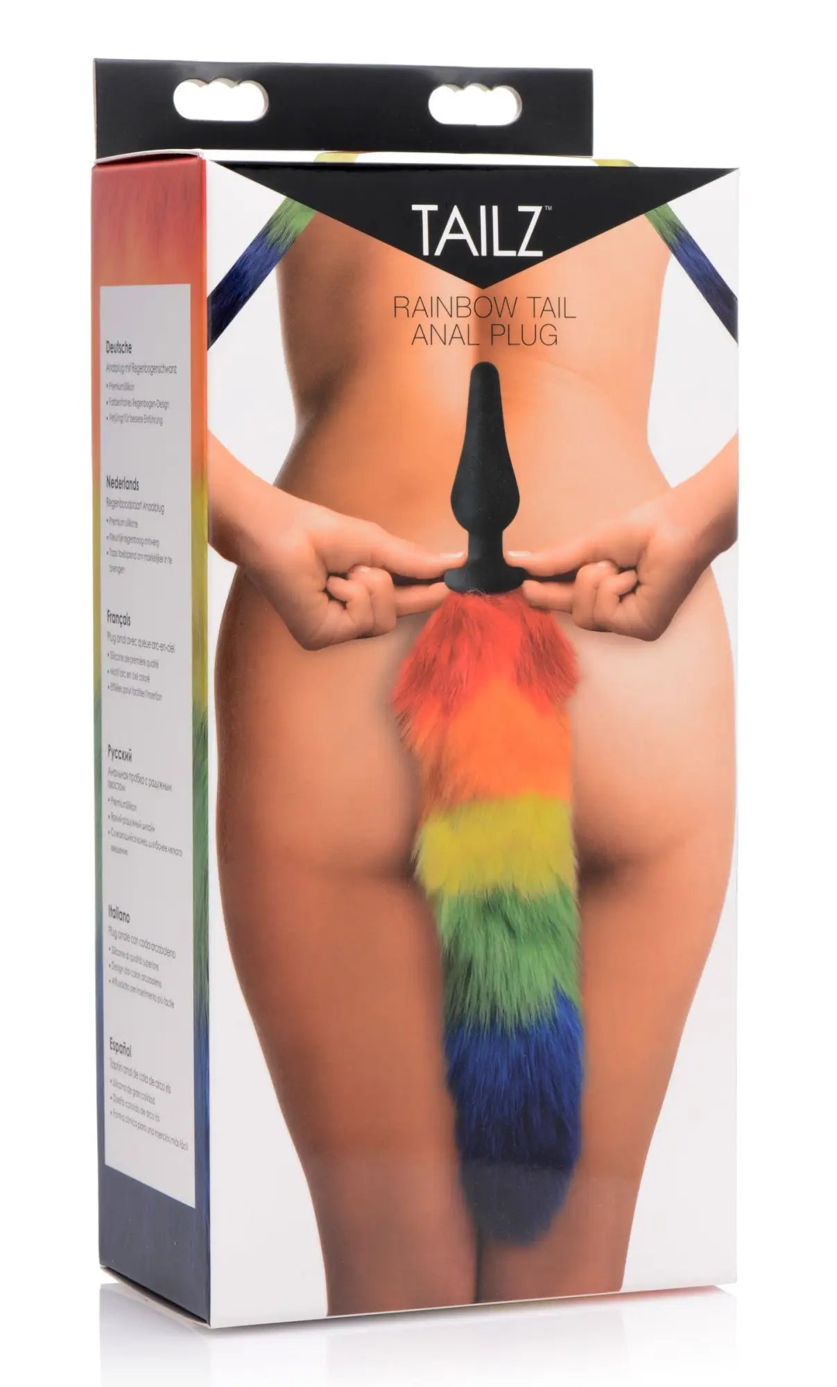 Tailz rainbow tail silicone butt plug with a rainbow-colored furry tail and black silicone plug for anal use