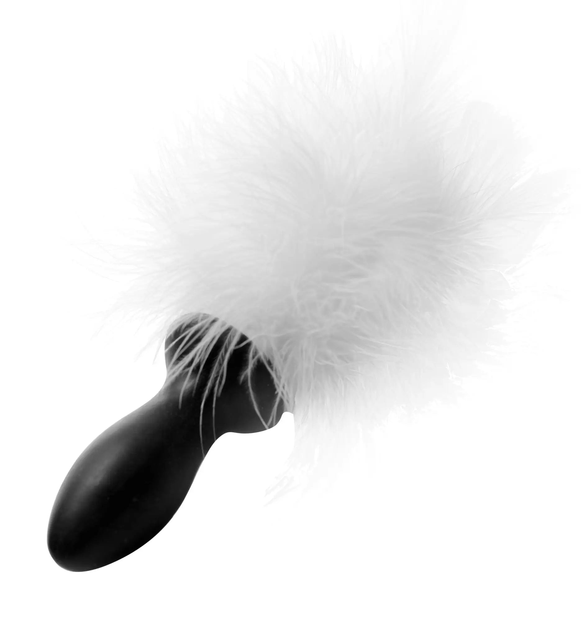 Black ergonomic handle anal plug with a fluffy white feathered bunny tail top for comfortable wear