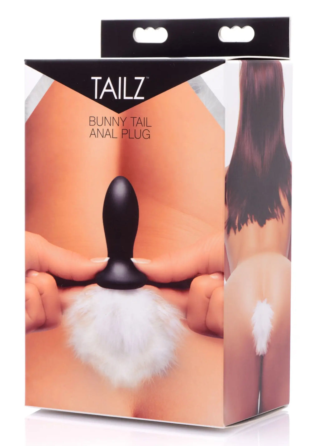 Black plastic tailz white bunny tail anal plug with white faux fur for playful intimate use from the back side