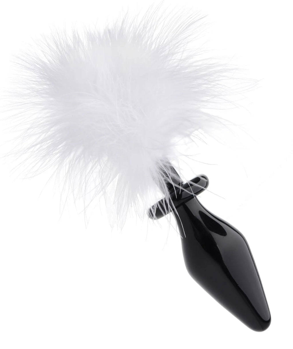 Black glossy glass anal plug with fluffy white feather pom-pom tail named Tailz White Fluffer Bunny Tail