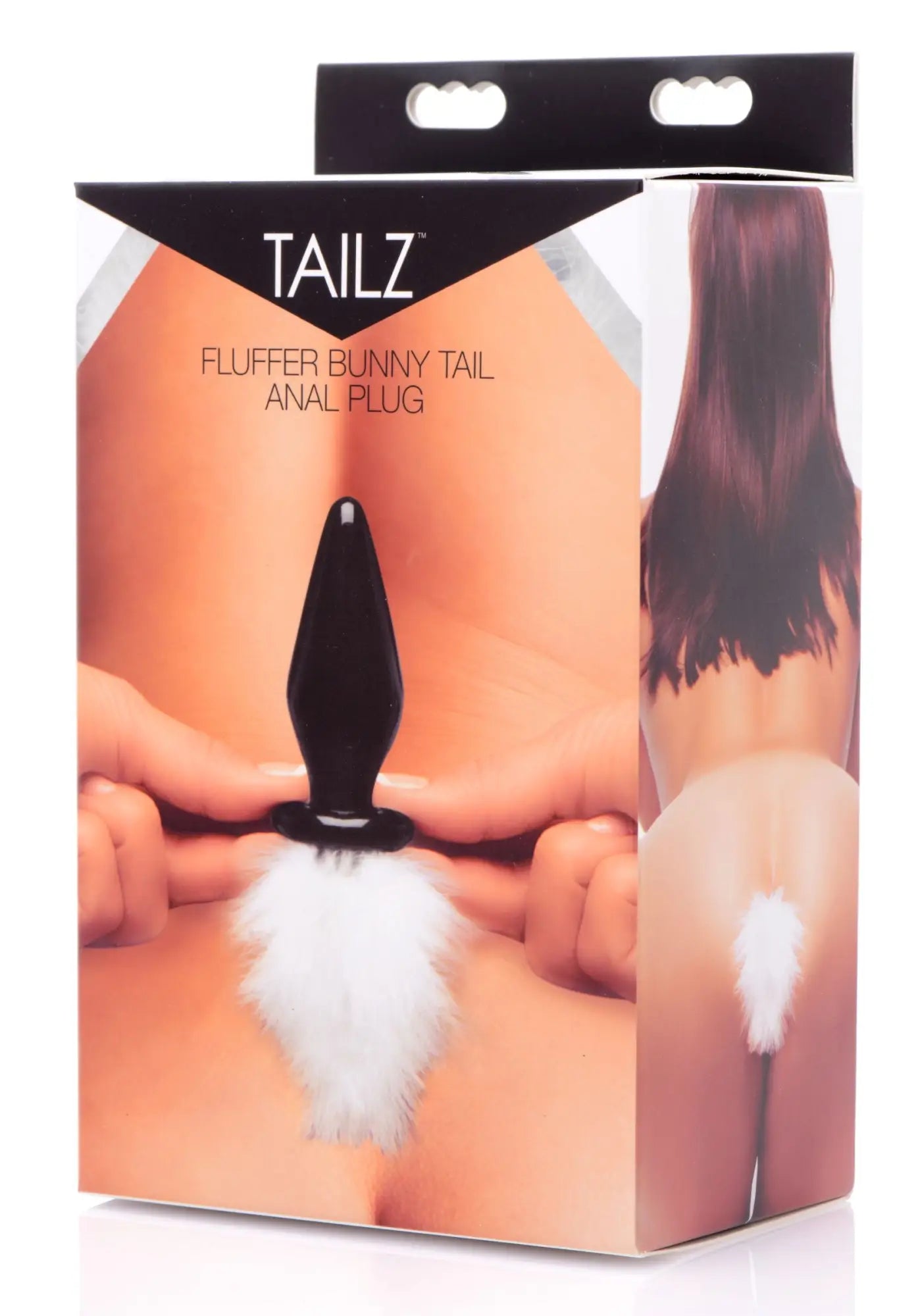 Black glass anal plug with a fluffy white bunny tail from tailz white fluffer collection shown from the back side