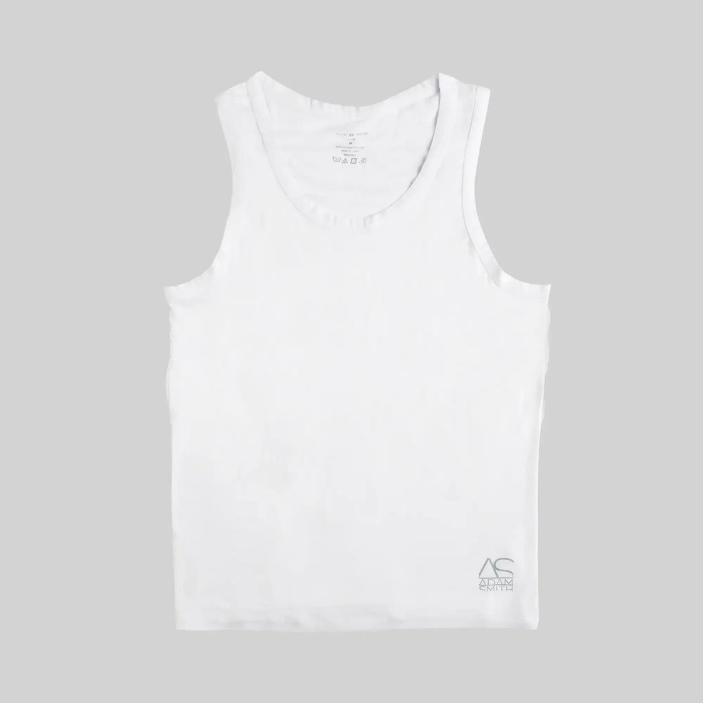 White sleeveless tank top with subtle atlas smith logo embroidered on the lower right side perfect for casual wear