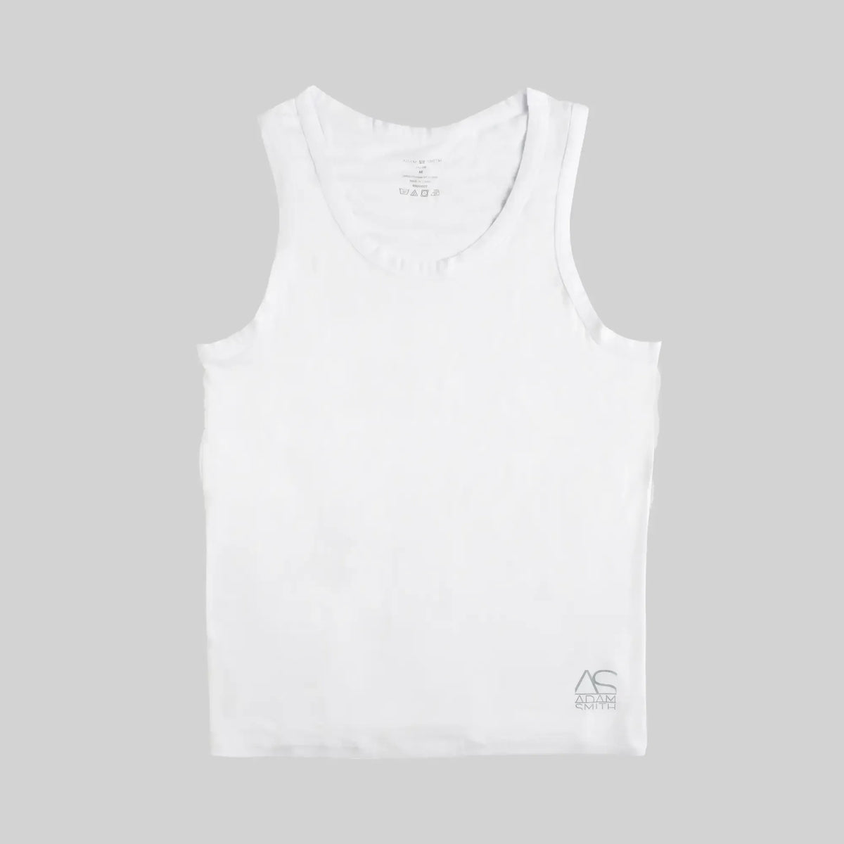 White sleeveless tank top with subtle atlas smith logo embroidered on the lower right side perfect for casual wear