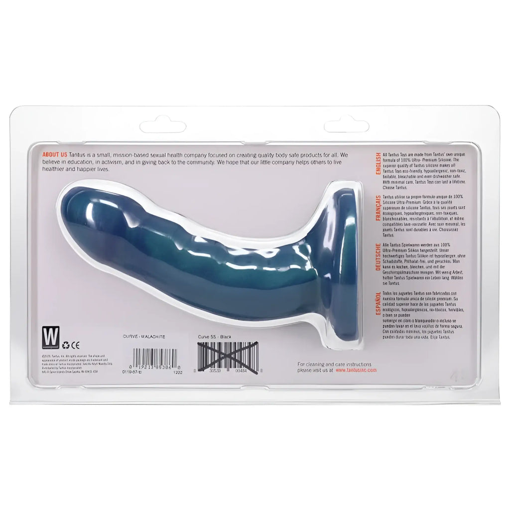Blue and black silicone Tantus Curve dildo Malachite in clear plastic packaging shown from the front side