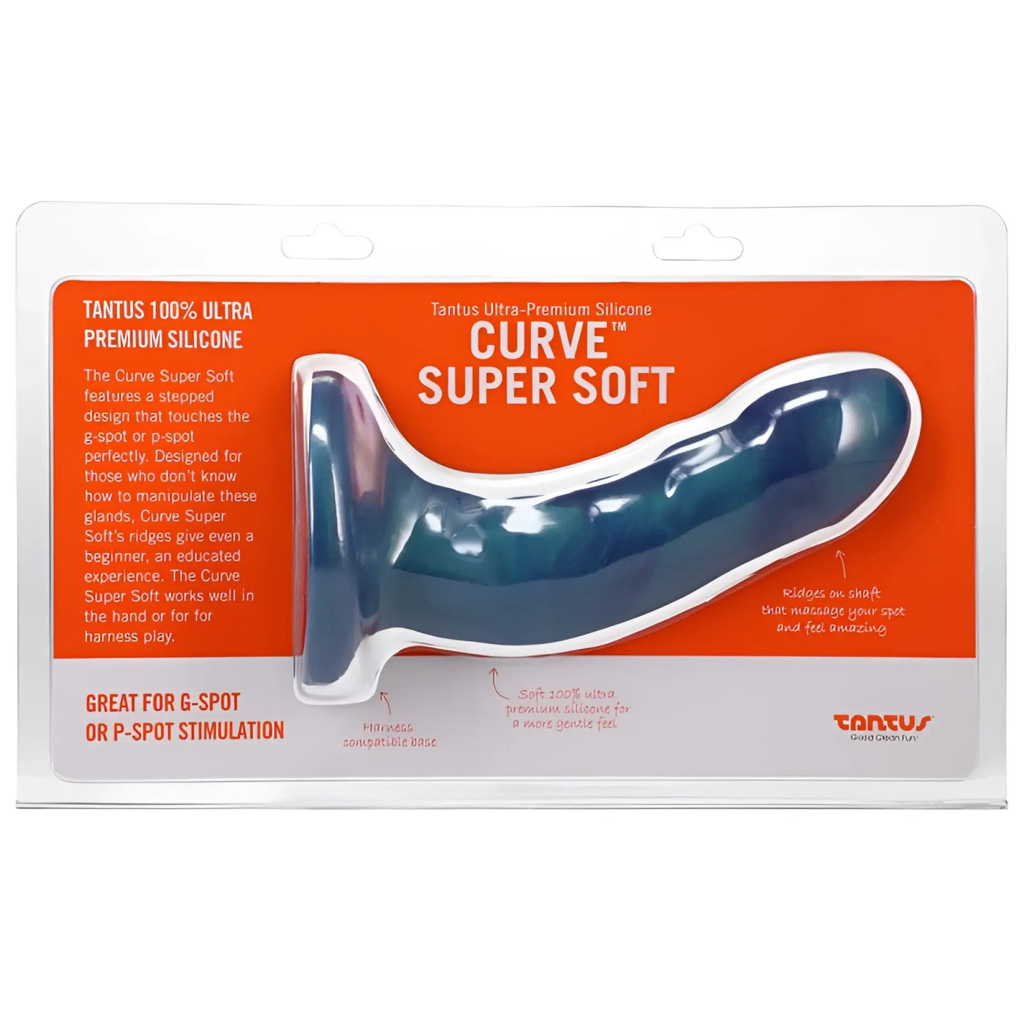 Tantus curve dildo malachite is a dark teal and white silicone toy with a stepped design for g spot or p spot stimulation