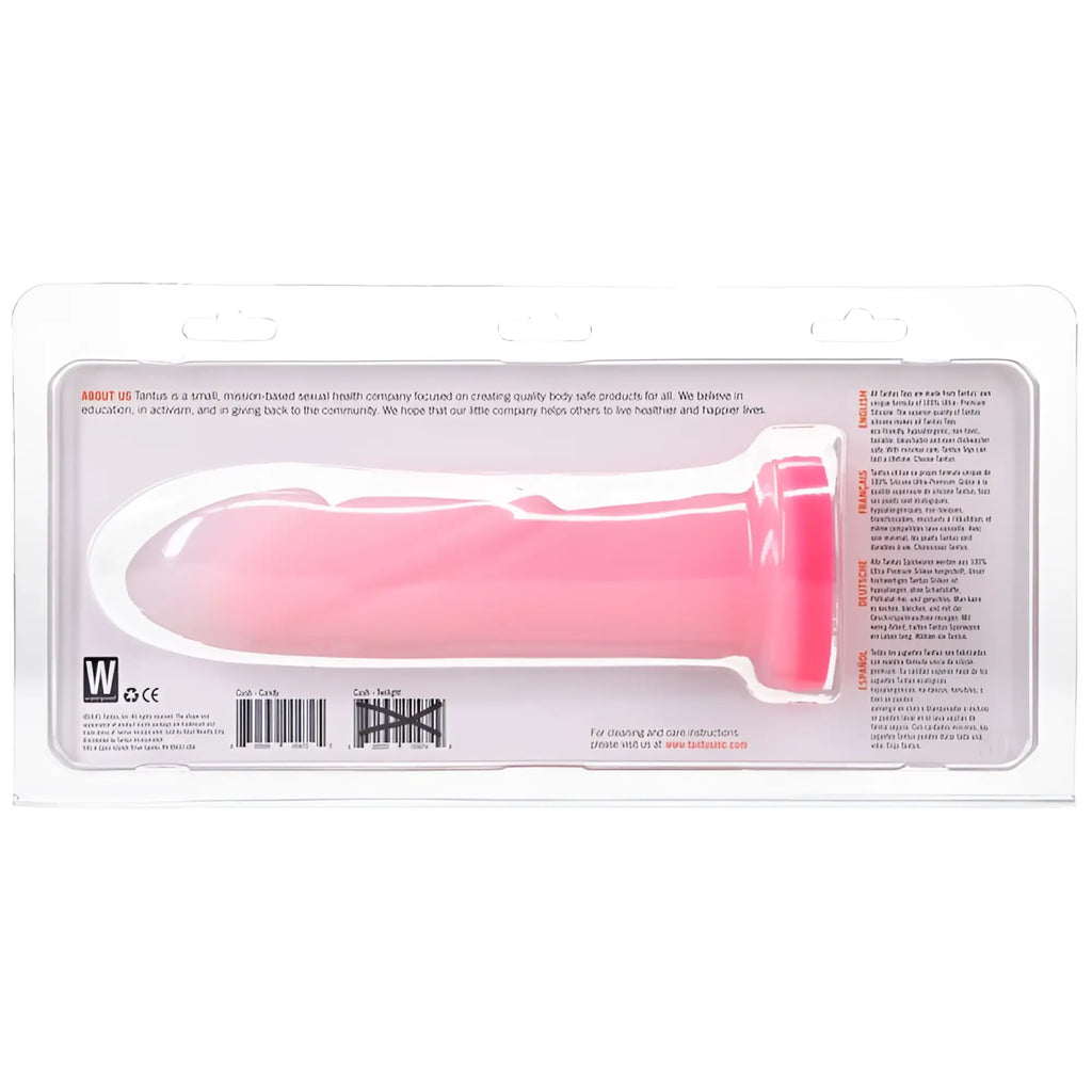 Pink silicone Tantus Cush dual density dildo in clear plastic packaging rose quartz color visible
