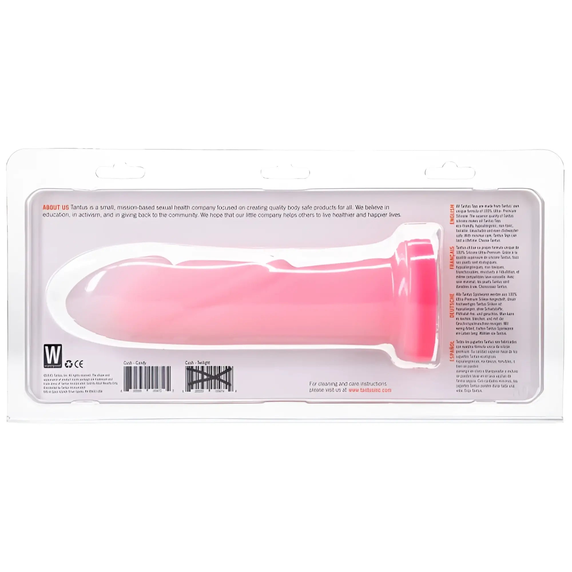 Pink silicone Tantus Cush dual density dildo in clear plastic packaging rose quartz color visible