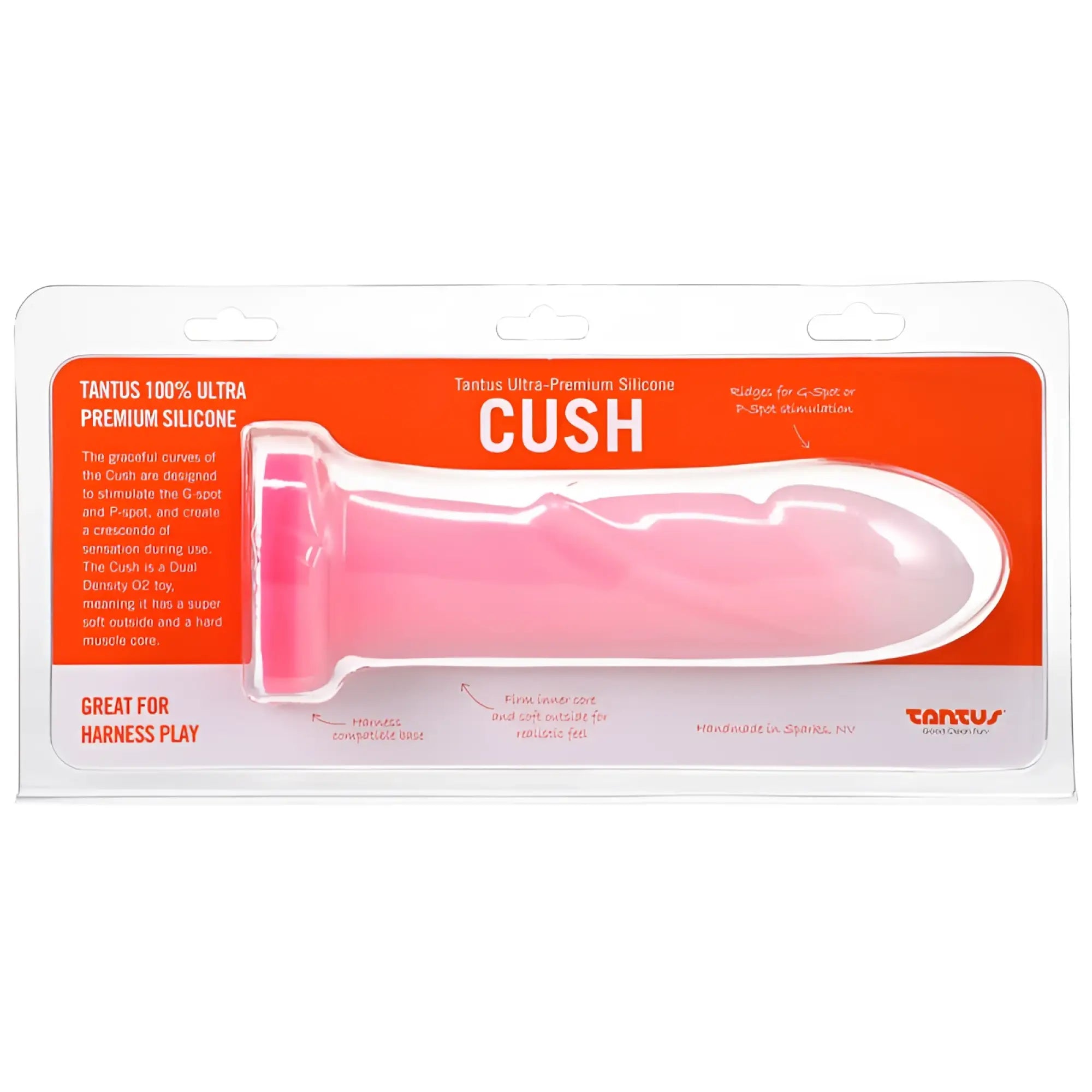 Pink tantus cush dual density silicone dildo in clear packaging rose quartz color and ultra-premium material