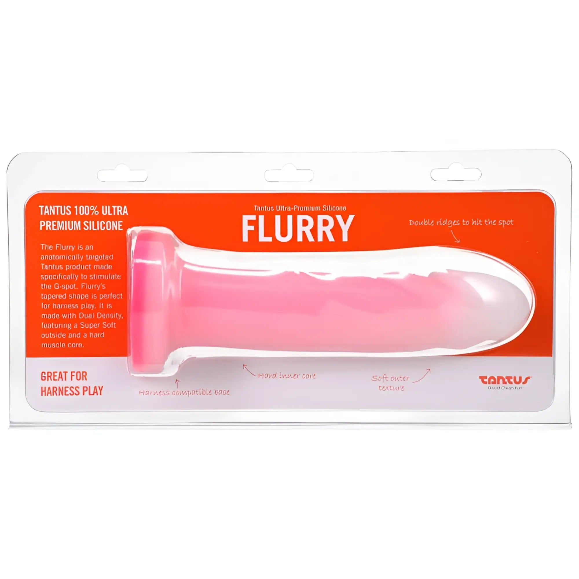 Pink tantus flurry dual density dildo rose quartz made of 100 percent ultra-premium silicone with tapered g-spot design