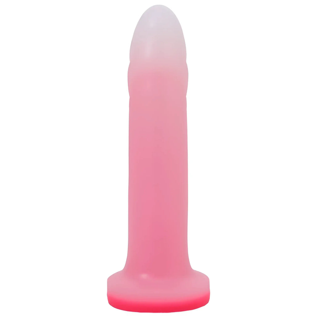 Pink translucent silicone dildo with gradient fade to white tip and bright pink base tantus flurry dual density rose quartz