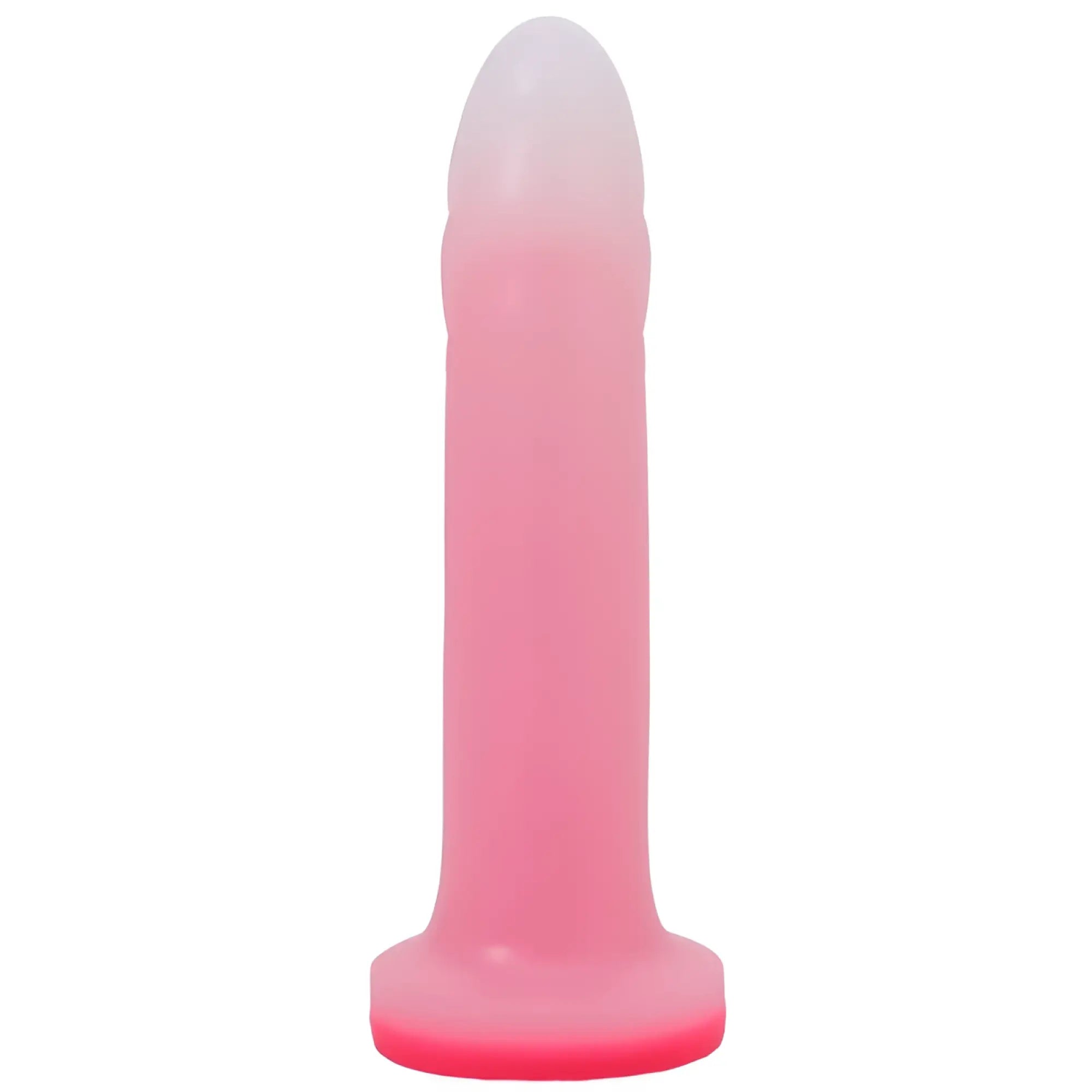 Pink translucent silicone dildo with gradient fade to white tip and bright pink base tantus flurry dual density rose quartz