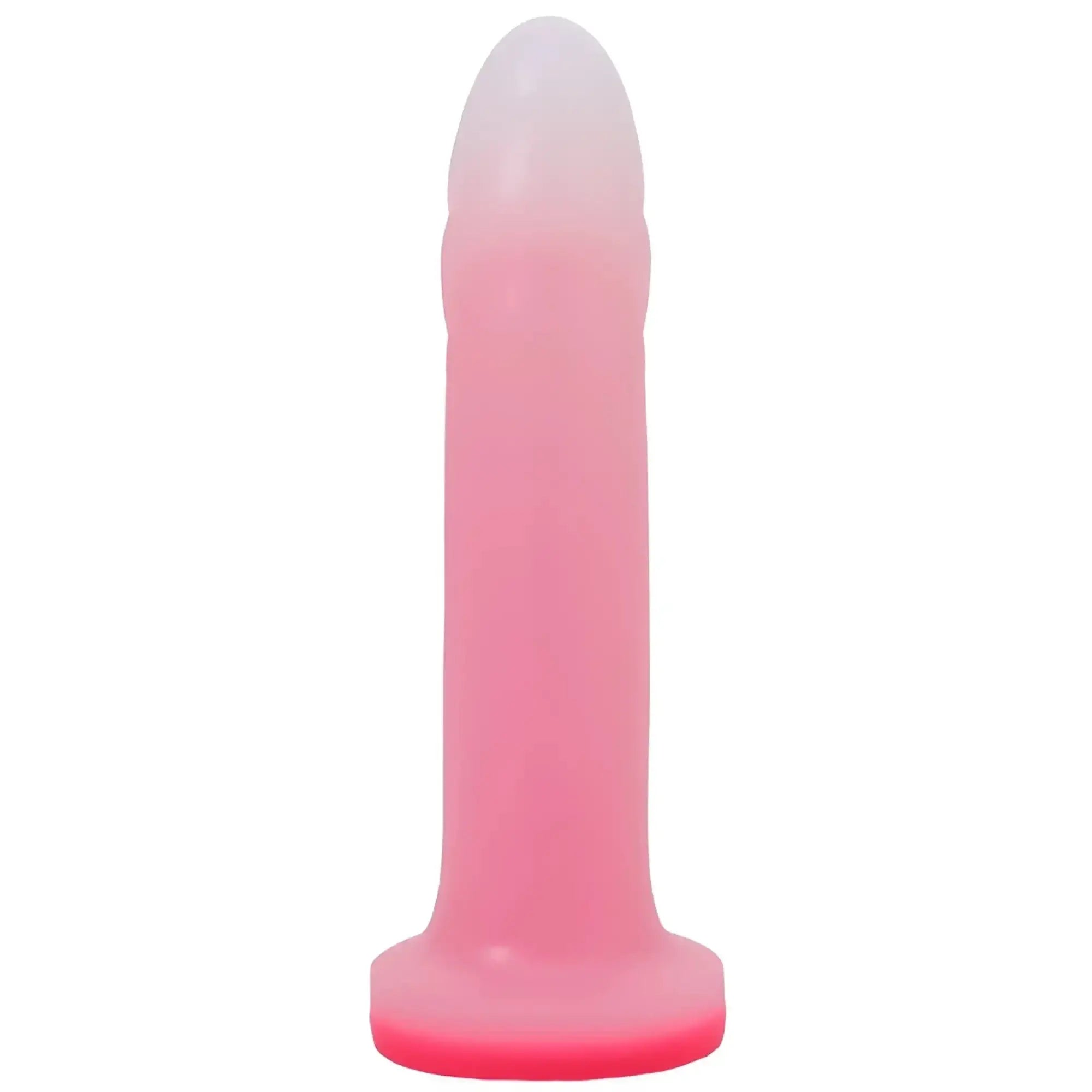 Pink translucent silicone dildo with gradient fade to white tip and bright pink base tantus flurry dual density rose quartz