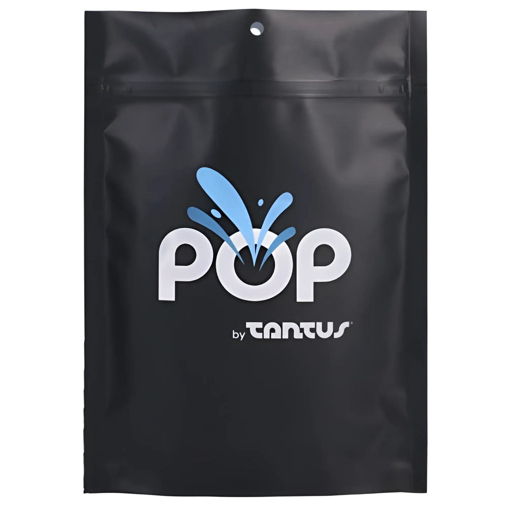 Black resealable pouch with white pop logo blue splash and by tantus text for tantus on the go silicone packer honey