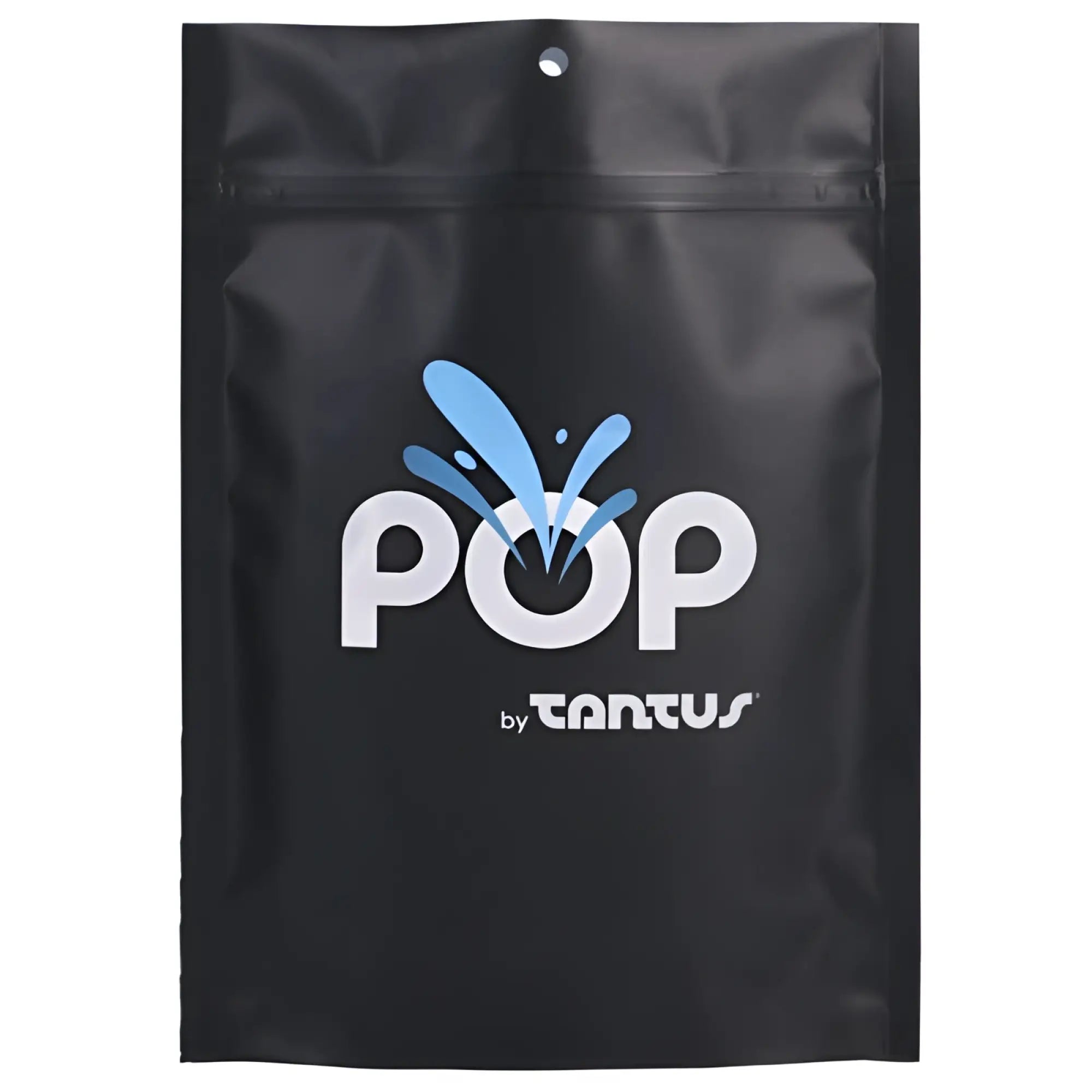Black resealable pouch with white pop logo blue splash and by tantus text for tantus on the go silicone packer honey