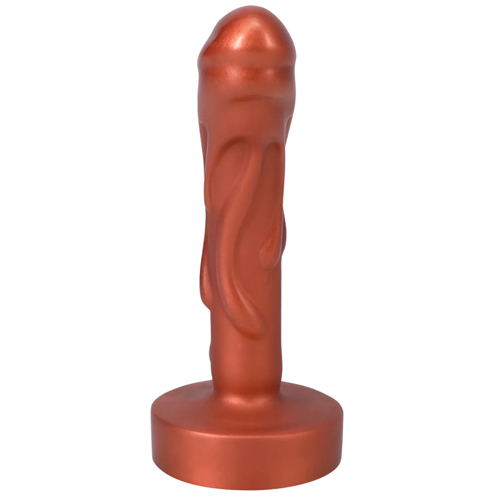 Bronze-colored textured silicone dildo with rounded base shown from the back side tantus mini magma dildo copper