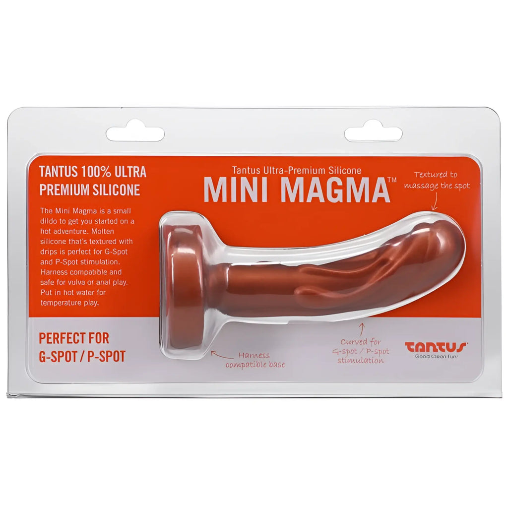 Tantus mini magma dildo copper is a sleek reddish-brown silicone toy with textured ridges for g-spot and p-spot stimulation