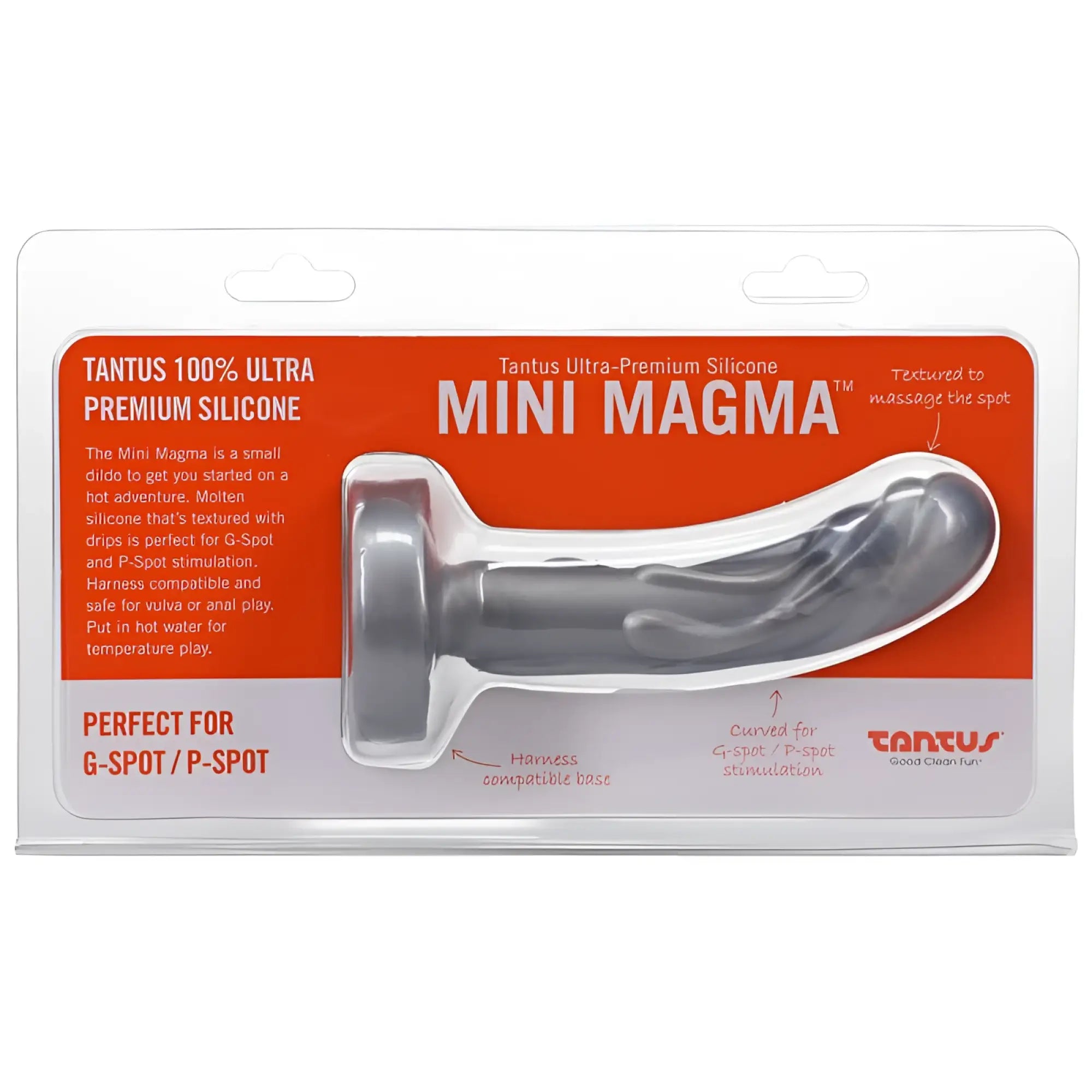 Silver tantus mini magma dildo made of 100 percent ultra premium silicone with textured surface for g-spot and p-spot stimulation