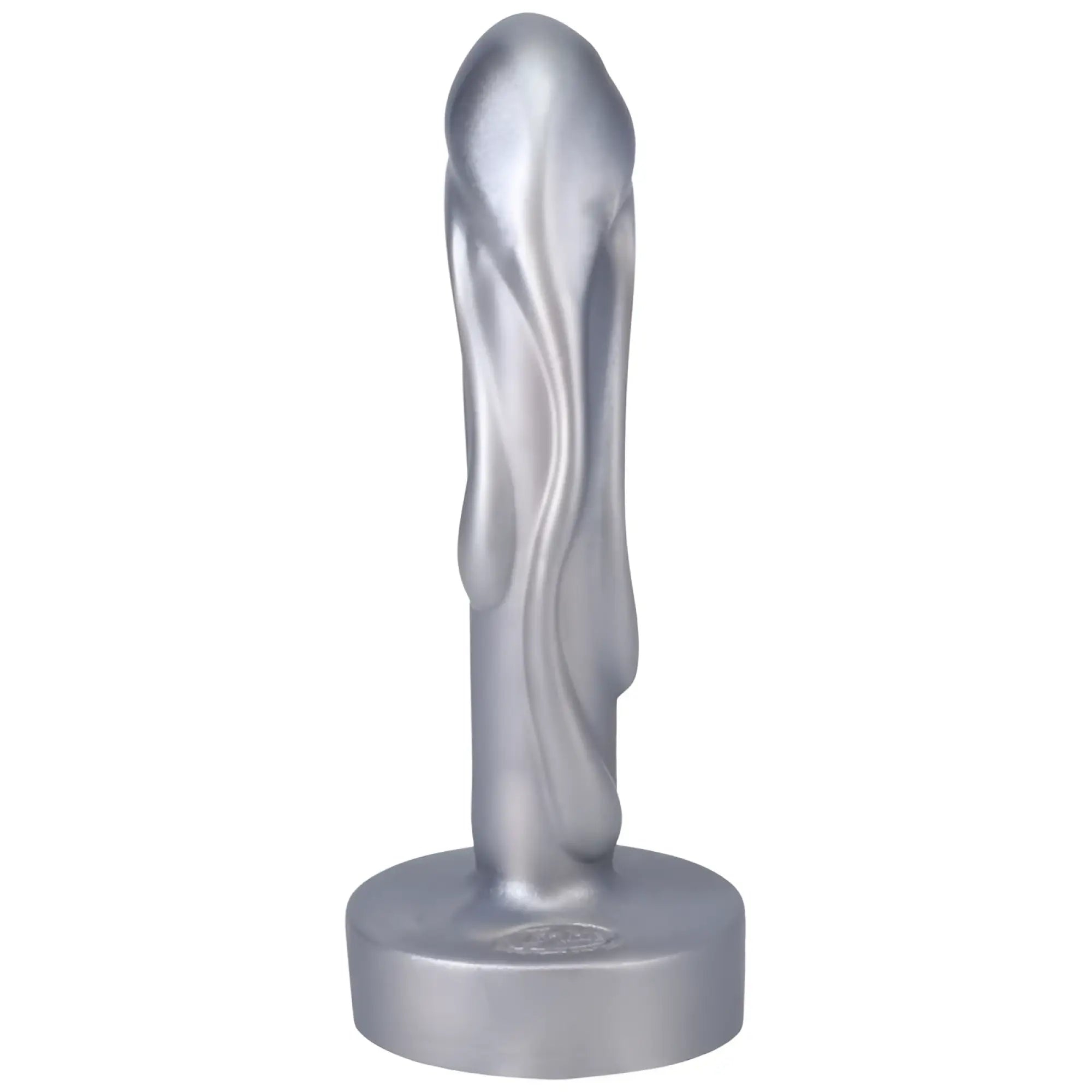 Silver sleekly curved silicone dildo with smooth glossy finish and ergonomic design tantus mini magma dildo silver