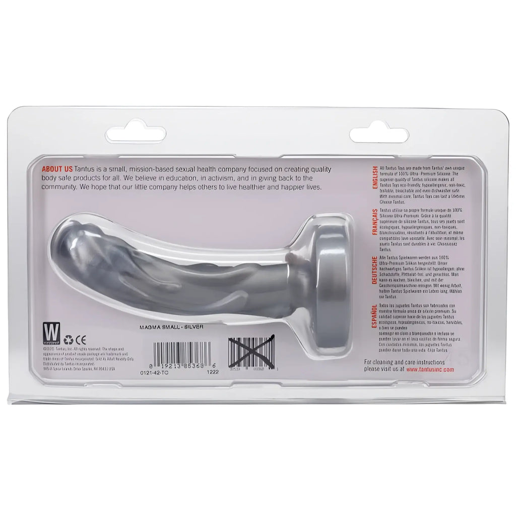 Silver tantus mini magma dildo sleek ultra-premium silicone toy in clear plastic packaging