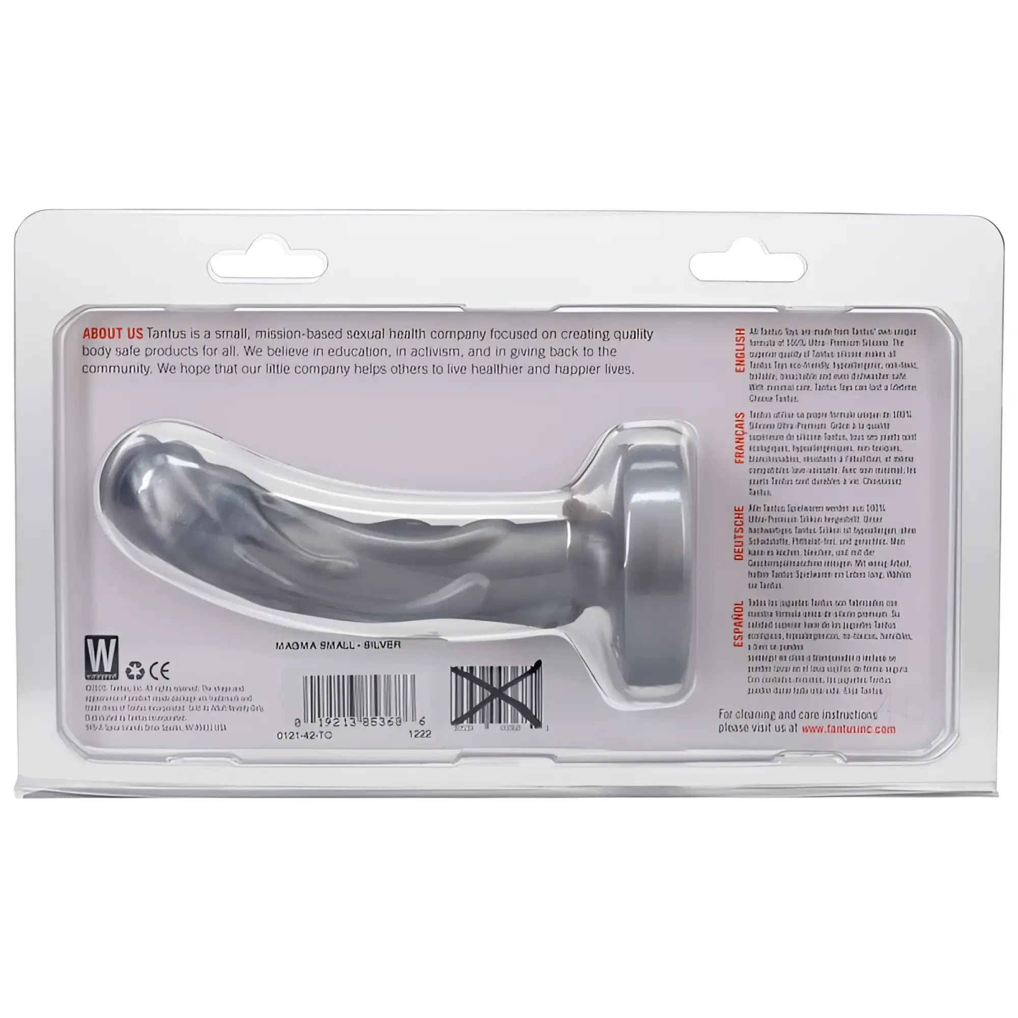 Silver tantus mini magma dildo sleek ultra-premium silicone toy in clear plastic packaging