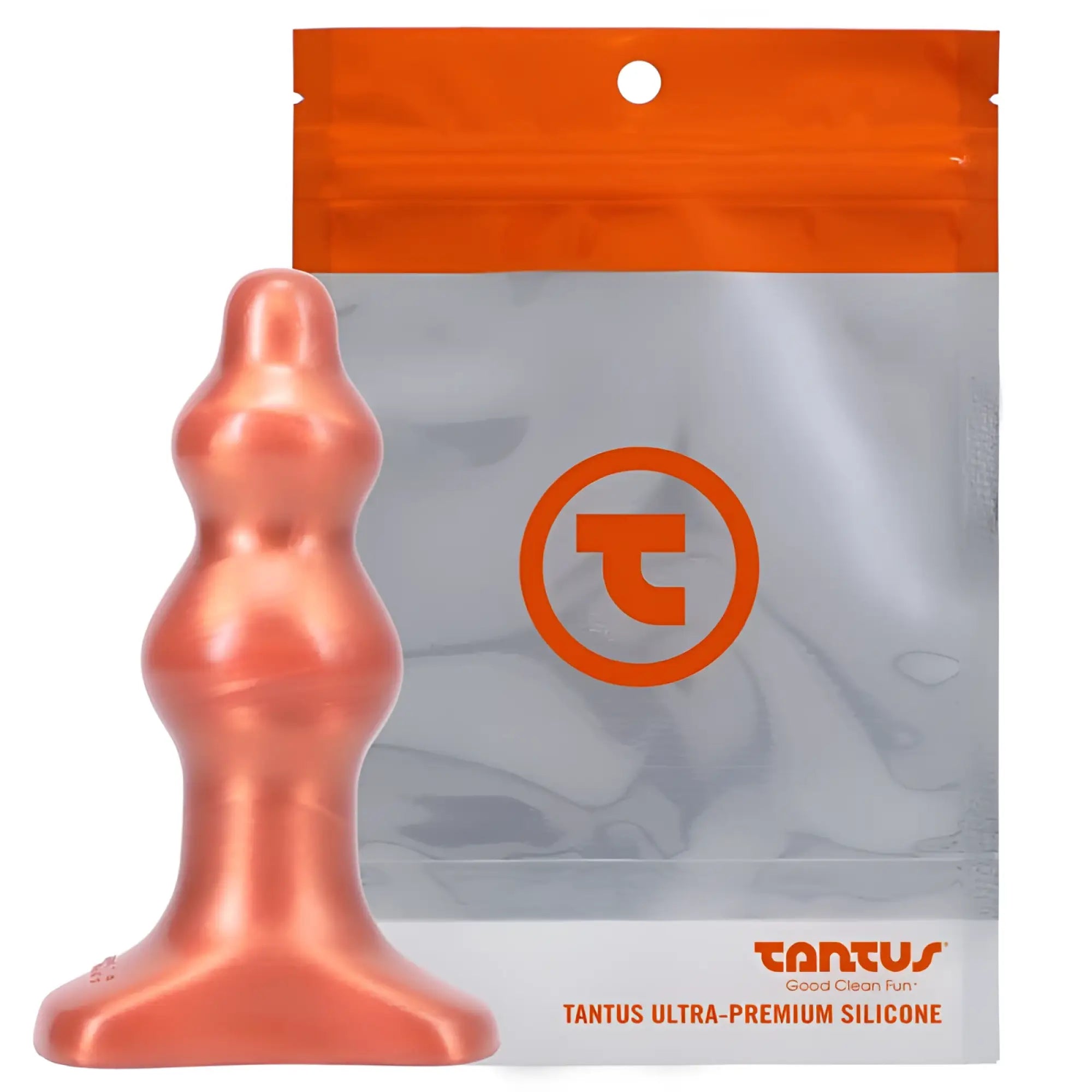 Copper-colored glossy silicone anal plug with tapered design and flared base tantus severin small copper