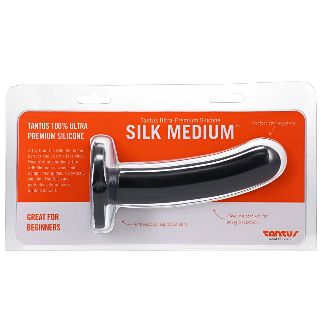 Black tantus silk medium dildo in onyx made of 100% ultra premium silicone with smooth tapered design and harness-compatible base