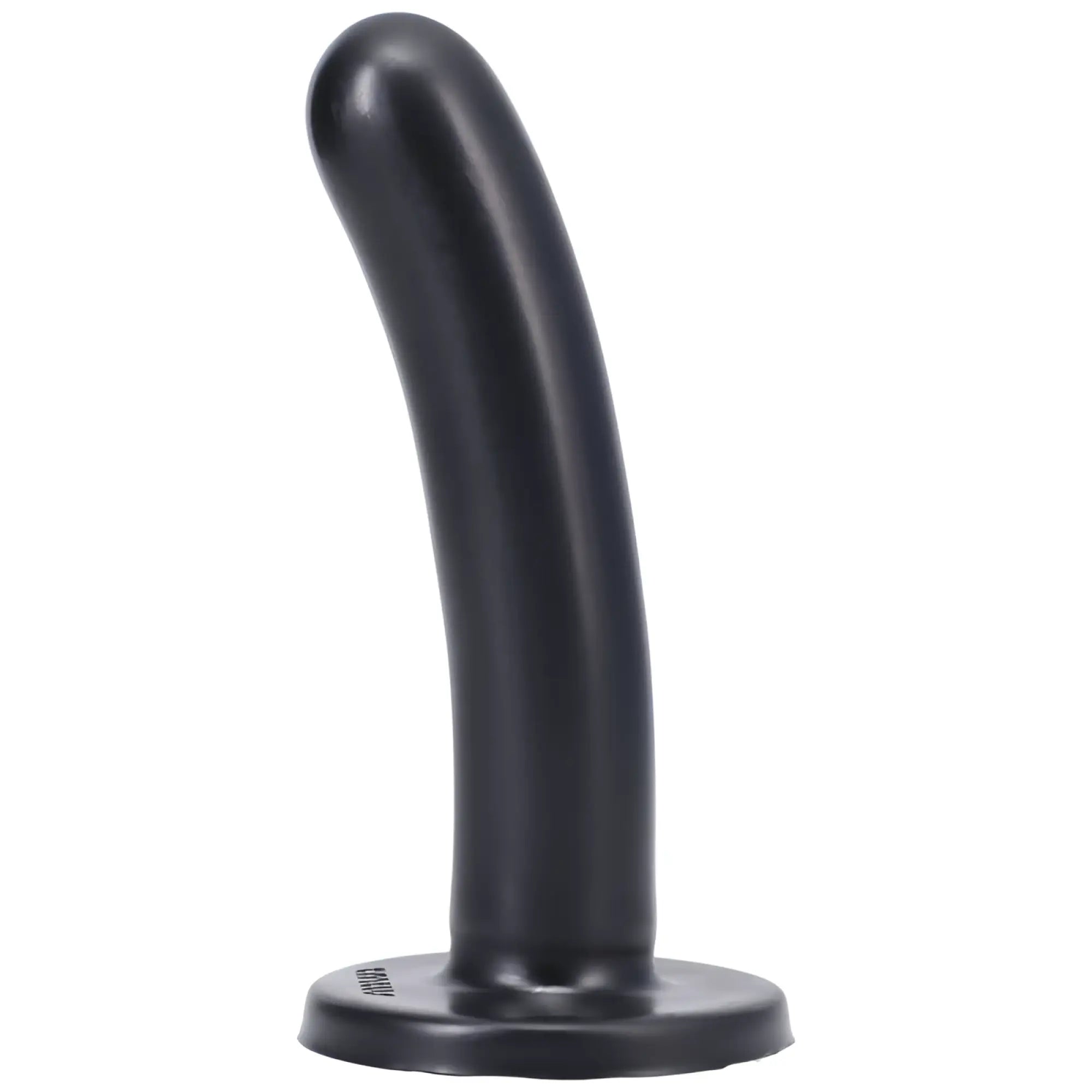 Black silicone anal plug with curved shaft and flat base shown from the back in tantus silk dildo medium onyx