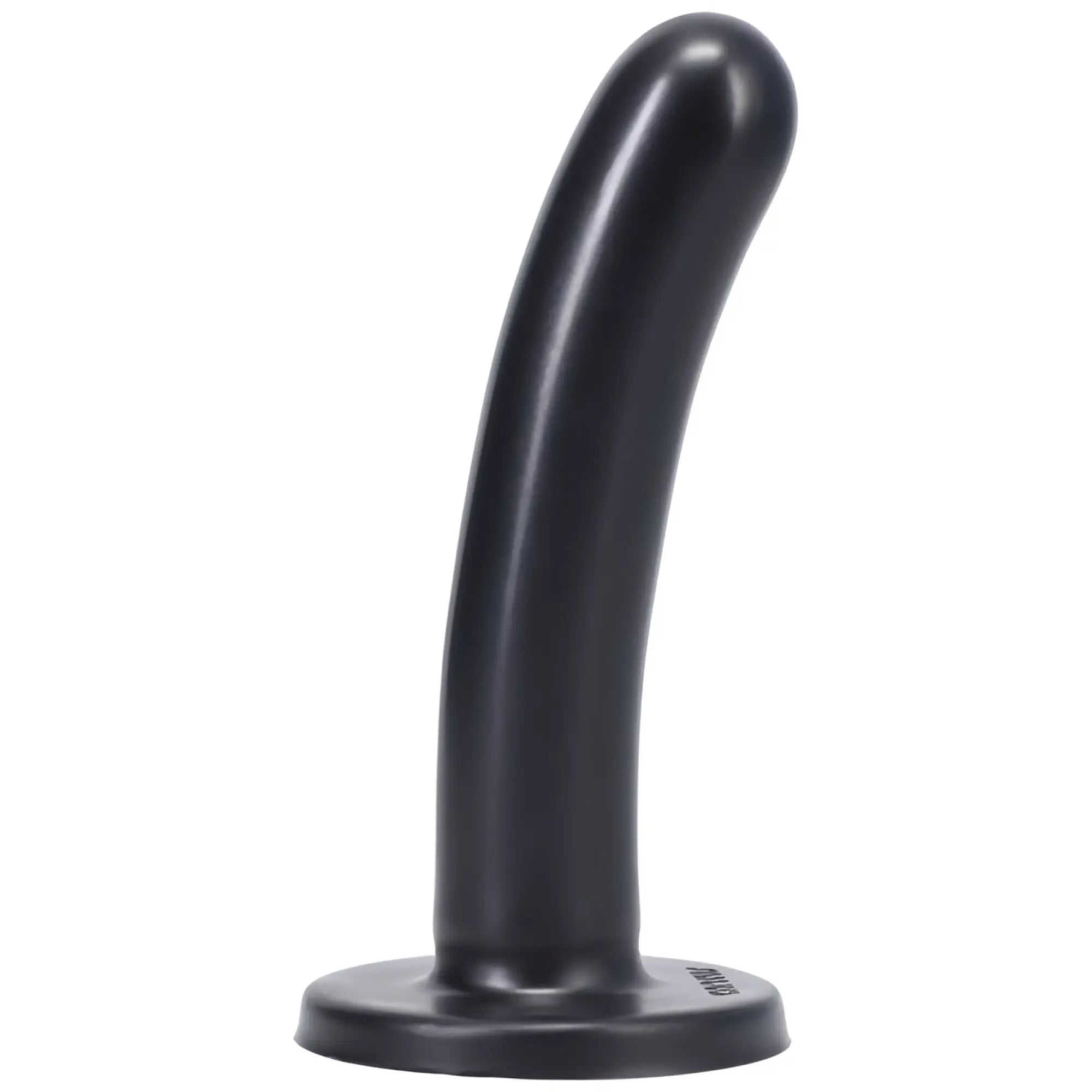 Black silicone dildo with curved shaft rounded tip and flat base for stability tantus silk dildo medium onyx