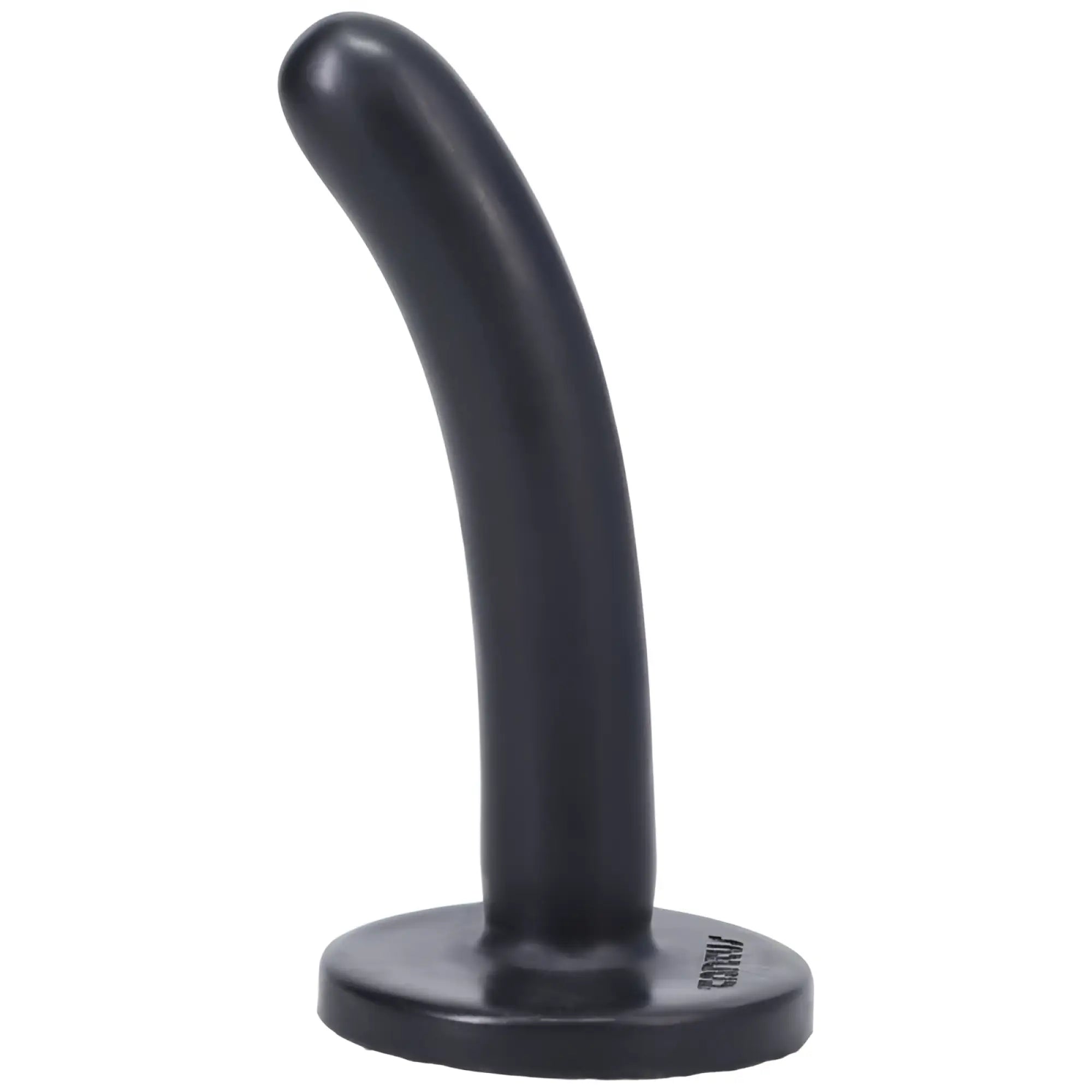 Black silicone anal plug with curved shaft and circular base Tantus Silk Dildo Small Onyx shown from the back side