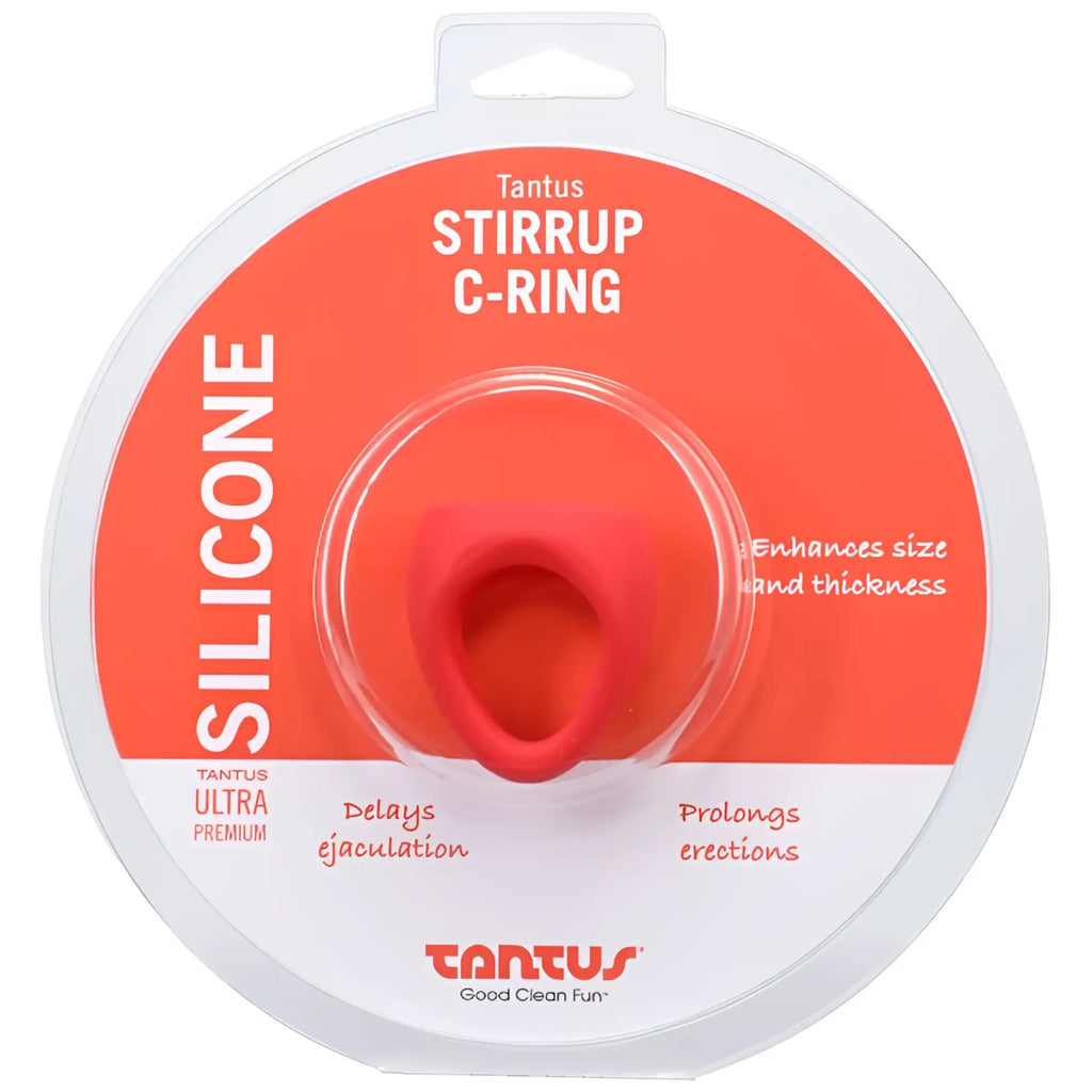 Red silicone tantus stirrup c-ring in clear plastic packaging shown in crimson cock ring product image