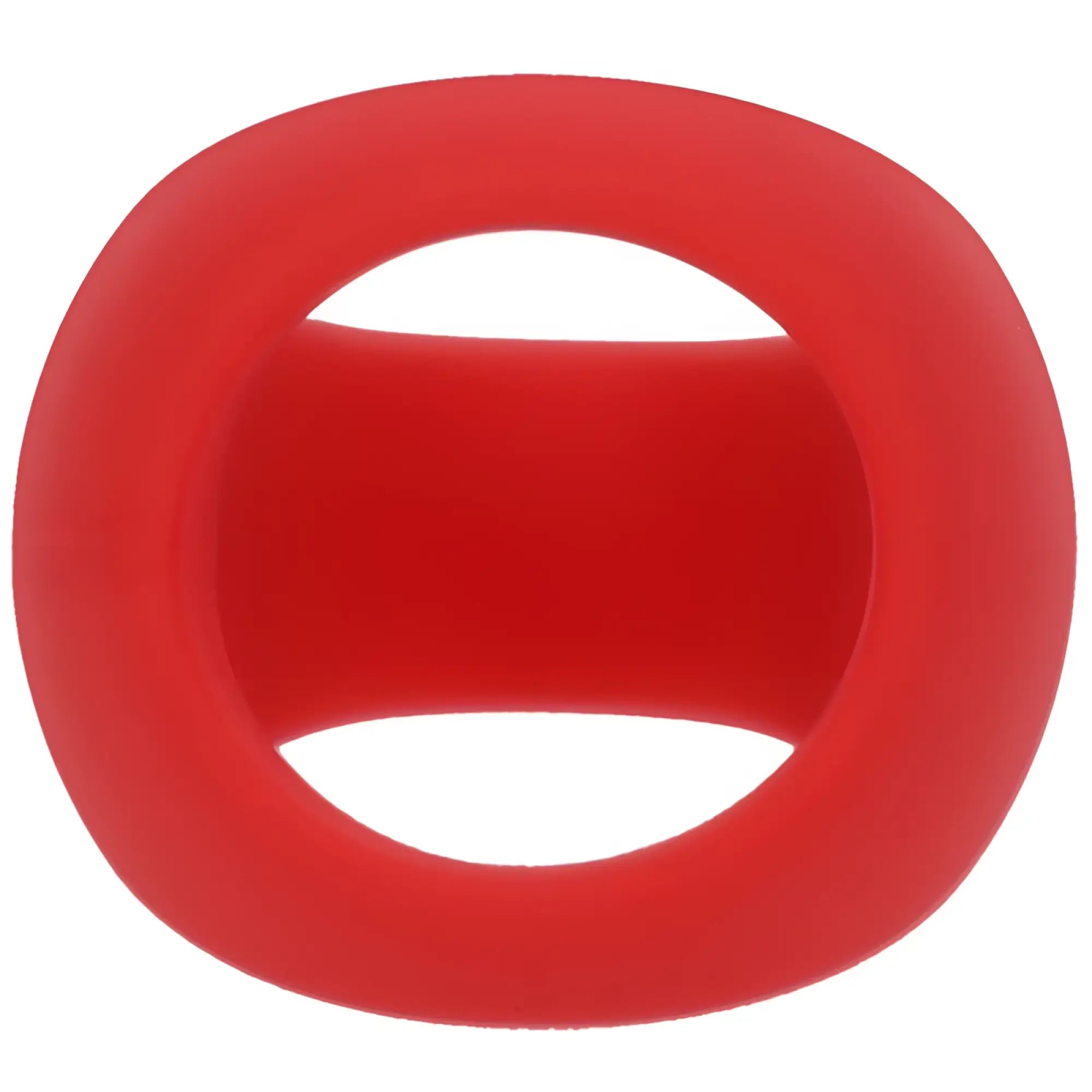 Red silicone Tantus stirrup cock ring with smooth rounded rectangular shape and central opening in crimson color