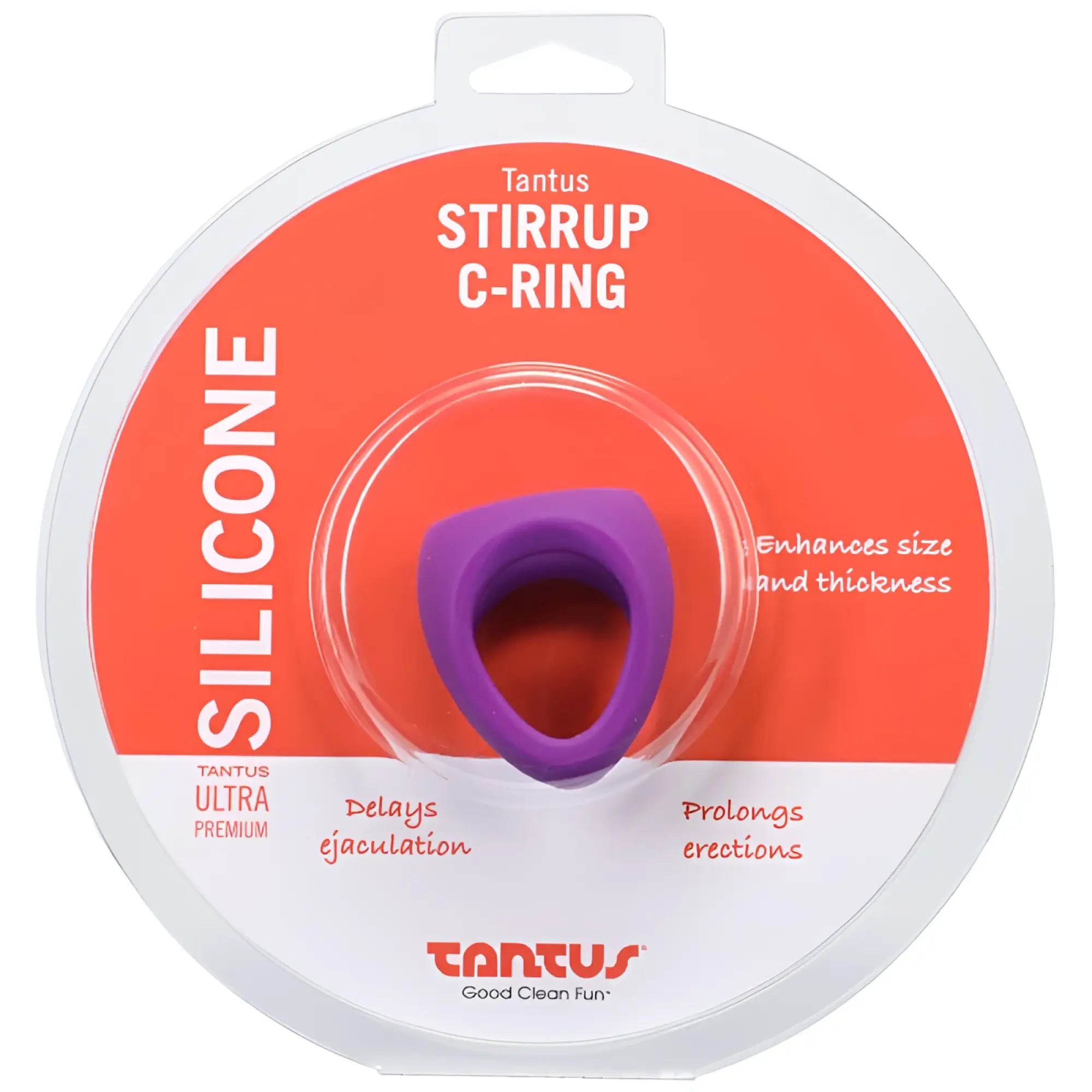 Purple tantus stirrup silicone cock ring lilac in clear plastic packaging showing front side of product
