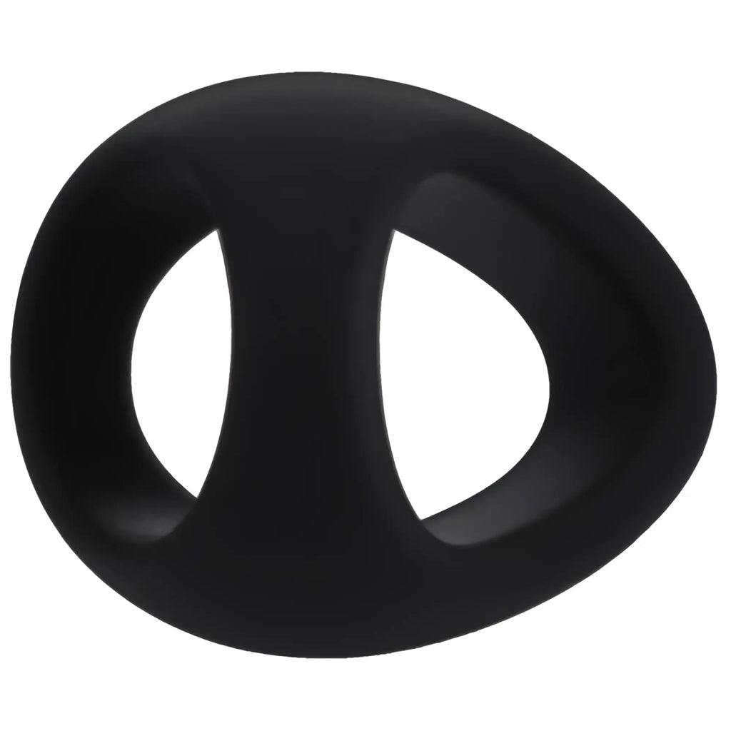 Black silicone Tantus Stirrup cock ring onyx with a smooth oval design and two symmetrical openings