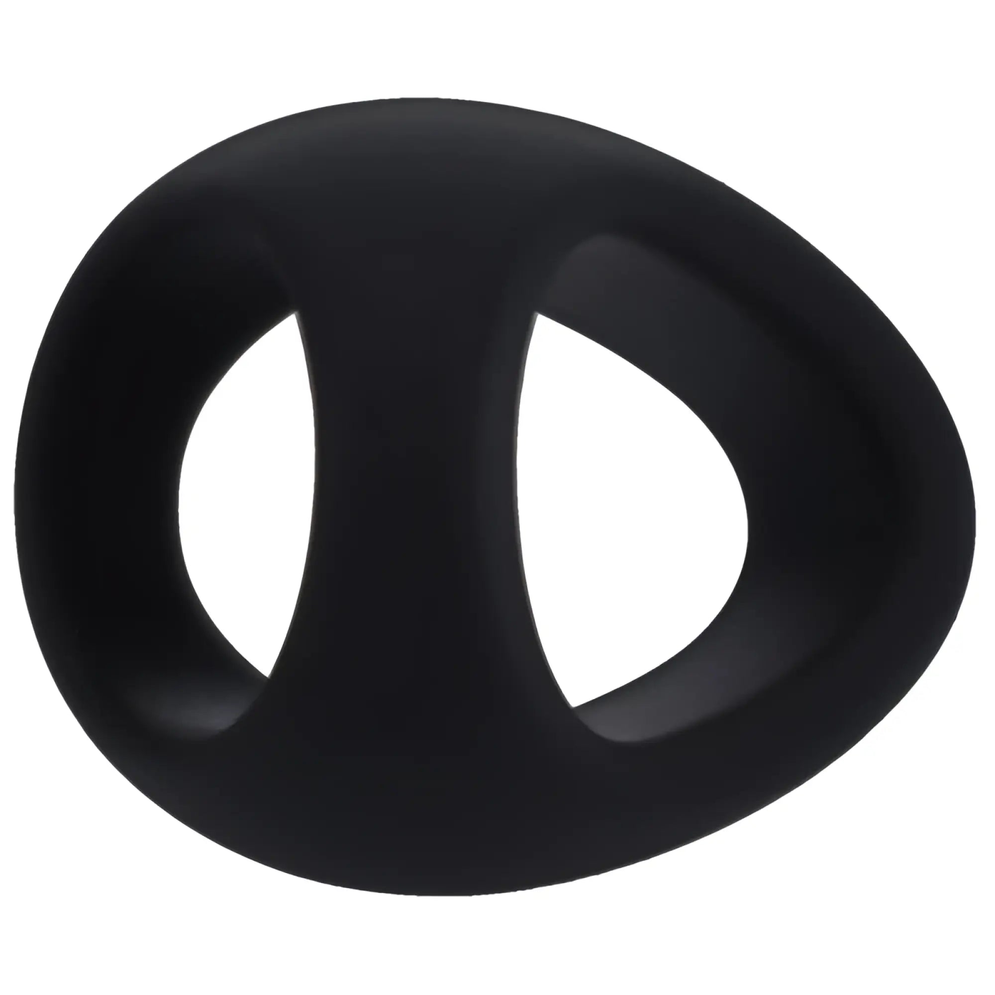 Black silicone Tantus Stirrup cock ring onyx with a smooth oval design and two symmetrical openings