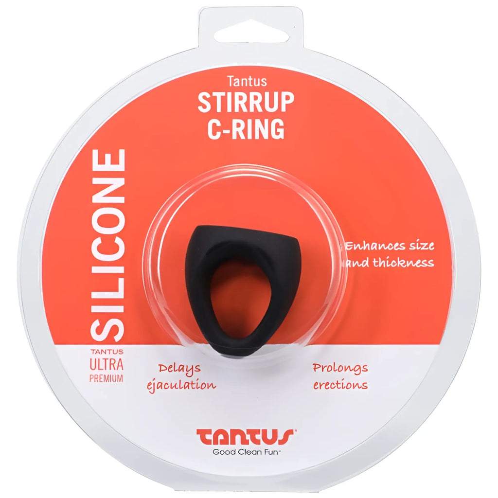 Tantus stirrup silicone cock ring in black c-ring design in clear packaging with orange and white label